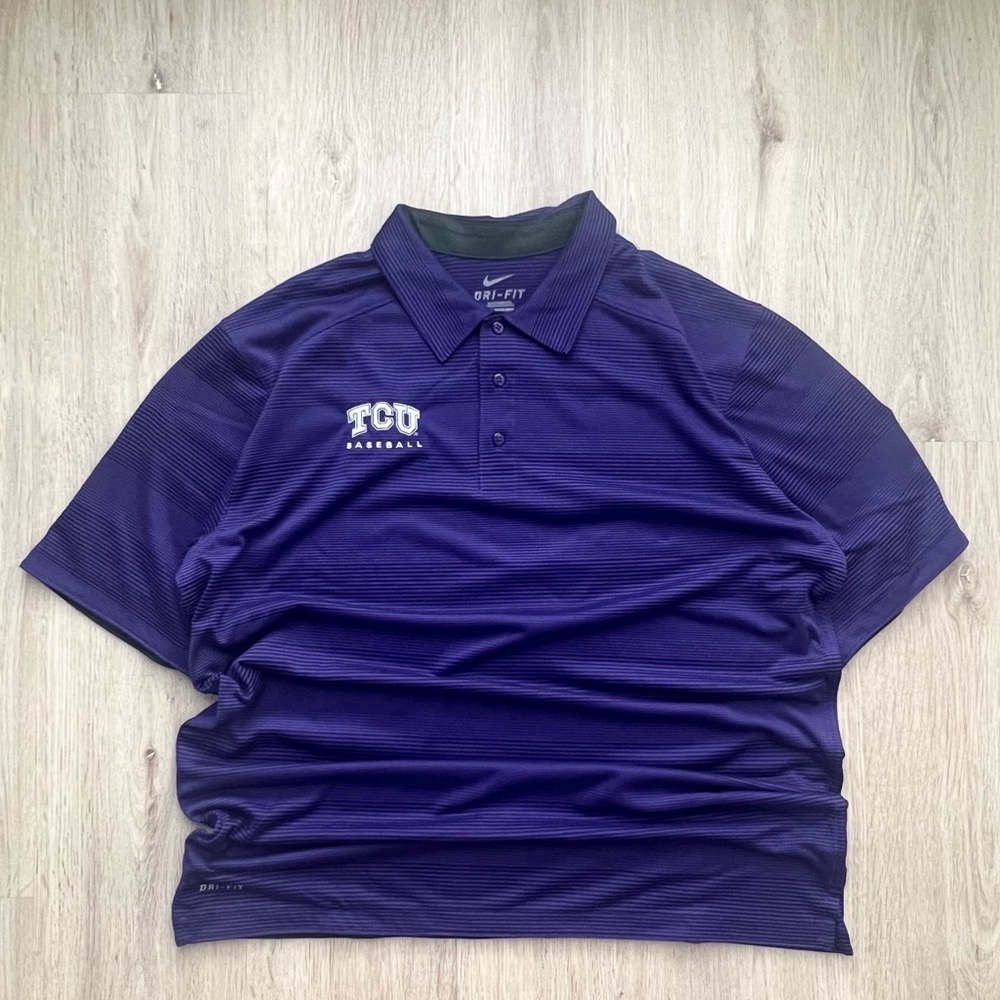 TCU Horned Frogs Nike Polo Shirt Men’s L Purple White Dri Fit College Baseball